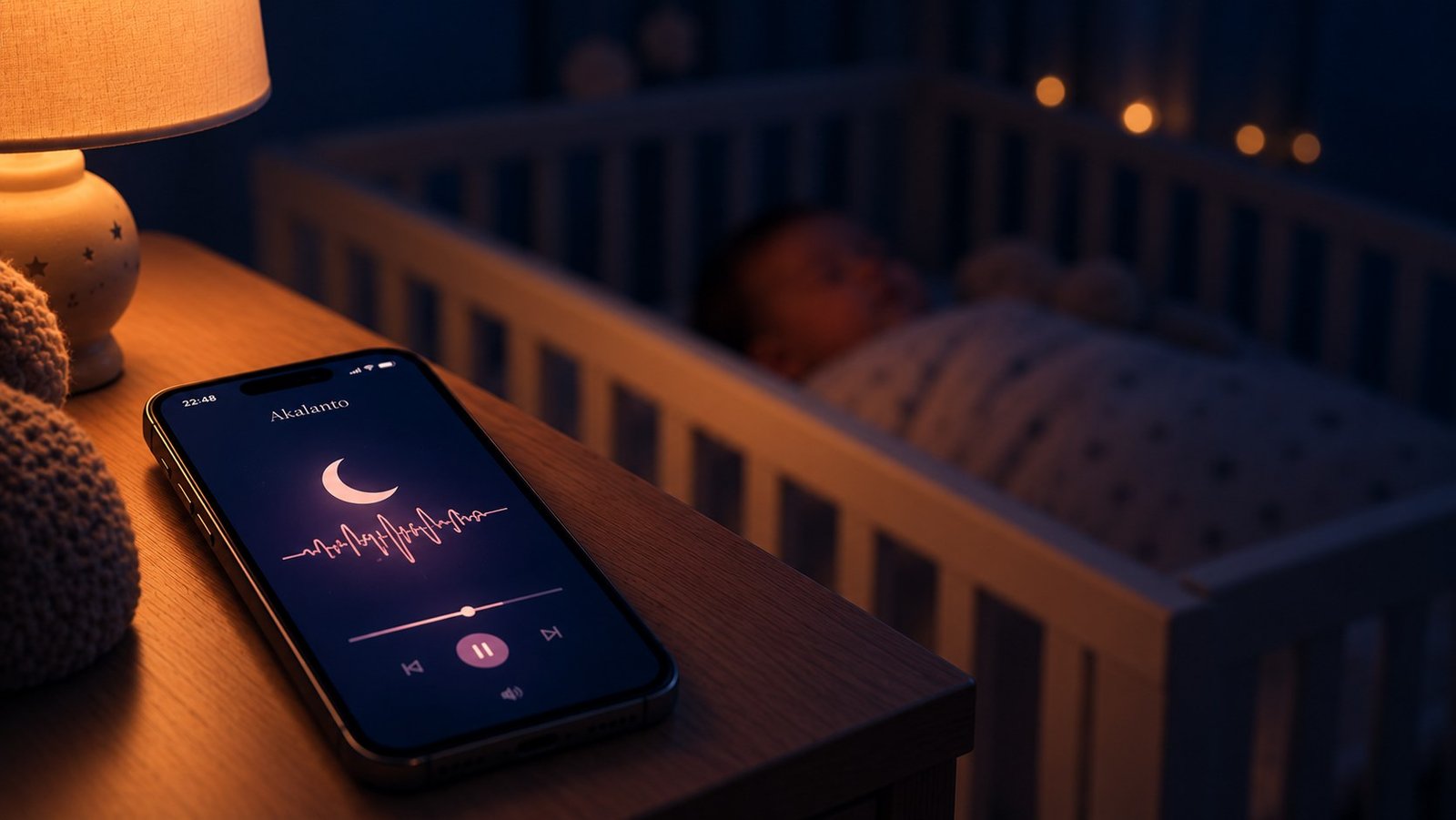 Celular com o Akalanto tocando ao lado do berço, bebê dormindo em paz